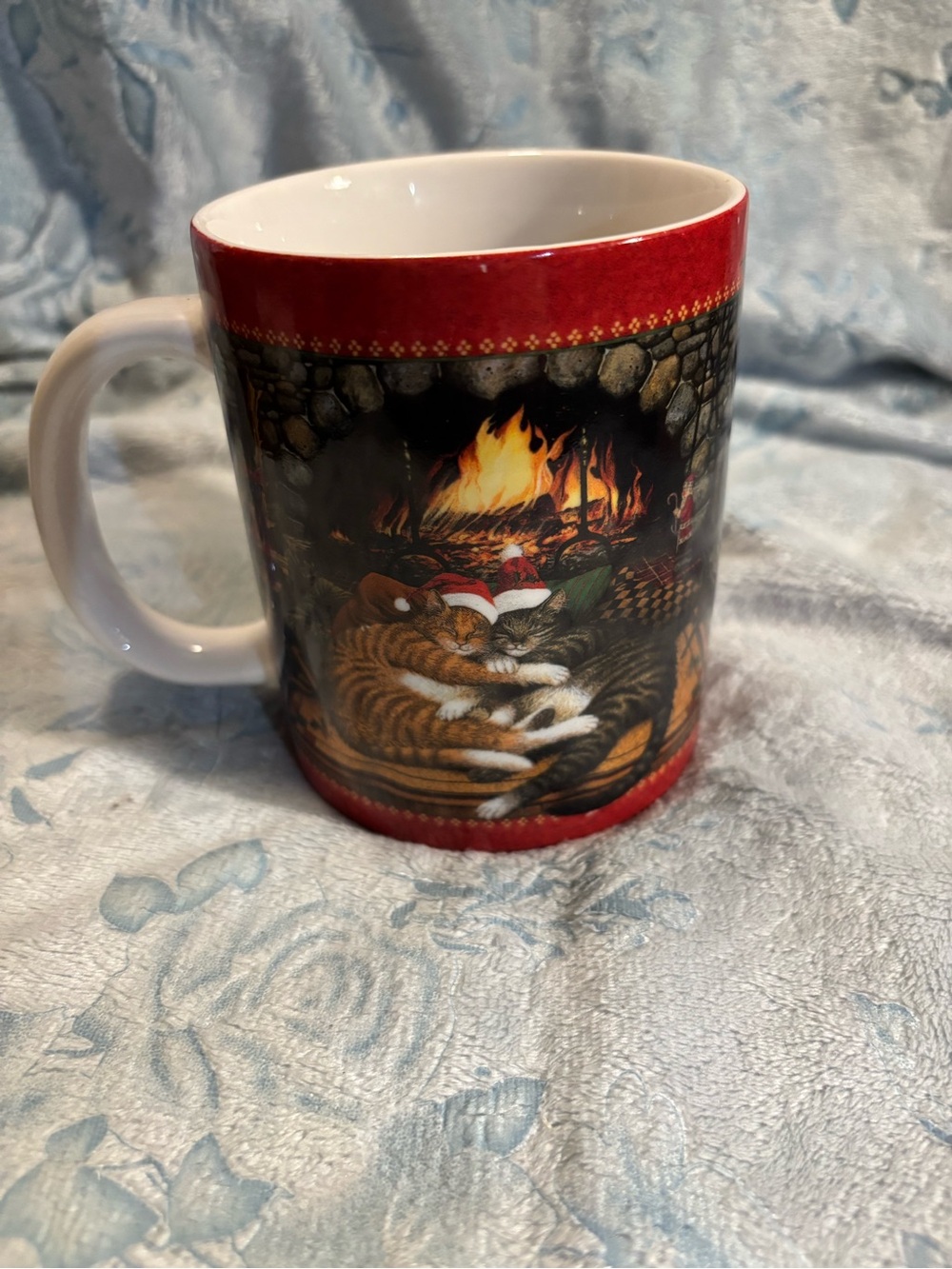 Cozy Cats by Fireplace Holiday Ceramic Mug - Red